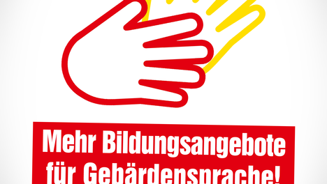 Bildbeschreibung: Zwei Hände darunter steht geschrieben "Mehr Bildungsangebote für Gebärdesprache! 03. März 2017: Welttag des Hörens. Eine gemeinsame Sprache verbindet. Allen Menschen Teilhabe ermöglichen. DIE LINKE."